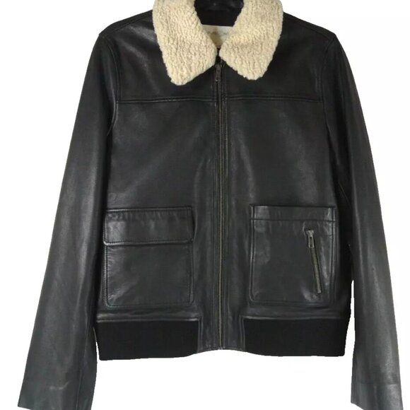 NEW Treasure & Bond Leather Bomber Jacket with Faux Shearling Collar Size S#2060 - Picture 3 of 7